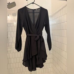 Black Wrap V-Neck Long Sleeve Dress - Unbranded